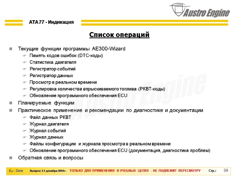 99 Текущие функции программы AE300-Wizard Память кодов ошибок (DTC-коды) Статистика двигателя Регистратор событий Регистратор
